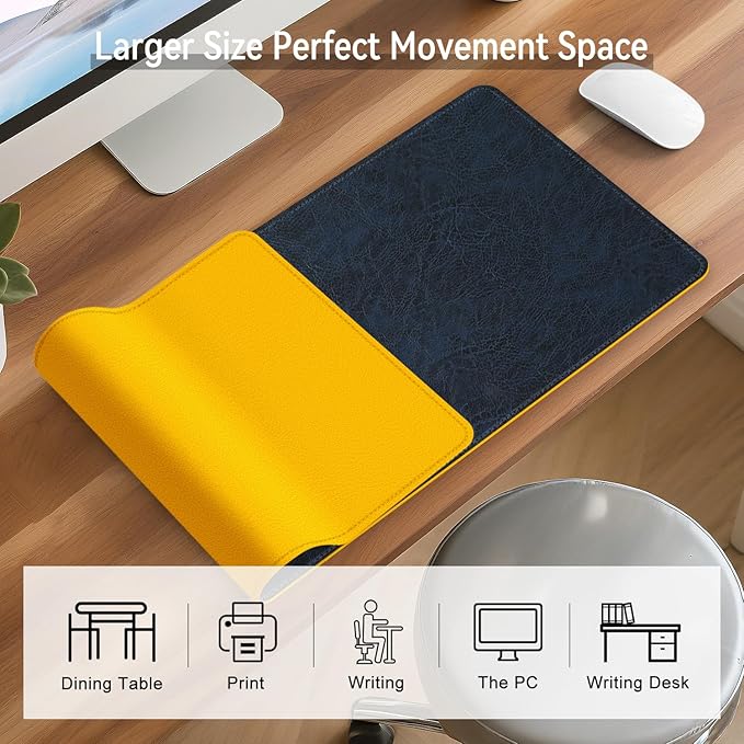 Imitation Crazy Horse Leather Desk Mat - Waterproof Desk Pad - Ideal for Large Mouse Pad and Desk Mats on Top of Desks (Dark Blue+Yellow, 25"*13")