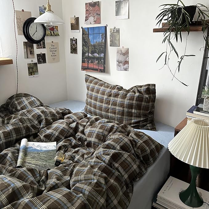 mixinni Vintage Buffalo Plaid Duvet Cover Set Full Size - 3 Piece Washed Cotton Bedding Set with Grid Pattern, Soft & Breathable Duvet Cover with Pillowcases for All Seasons,(Brown & Blue, Beige)