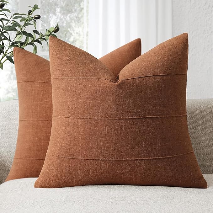ZWJD Decorative Linen Throw Pillow Covers 26x26 Set of 2 Solid Handcrafted Striped Cushion Covers for Bed Soft Modern Farmhouse Neutral Pillowcase for Couch Bedroom Living Room Home Decor(Rust)