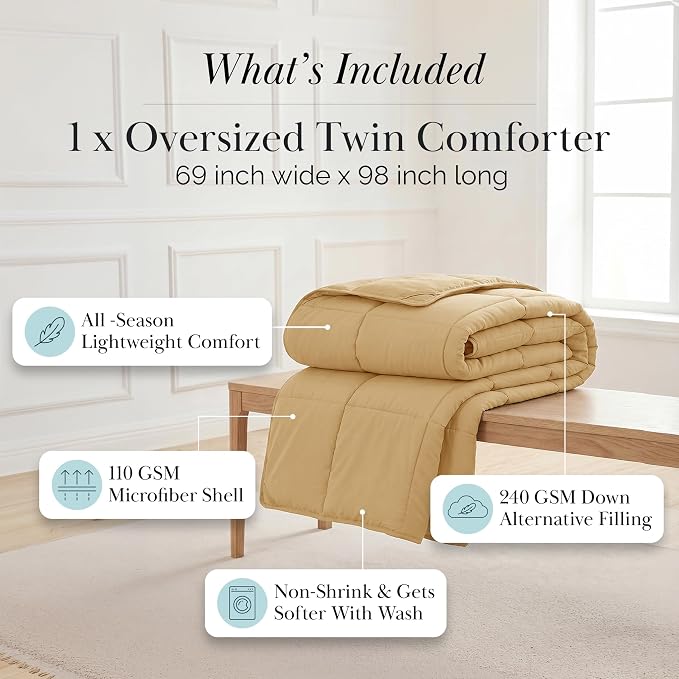 Southshore Fine Living, Inc. Hotel Quality Twin XL Comforter Down-Alternative for Dorm Room, Pet Hair Resistant Bedding Comforters, Cozy and Fluffy Twin Size Bedding for All Seasons, Gold Comforter