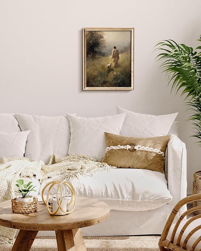 Vodefoad Vintage Wall Art Dector Jesus Leaves The 99 Christian Good Shepherd Artwork Lost Sheep Parable Boho Christian Landscape Oil Painting Bible Verse Canvas for Home Bedroom Holiday Dector - 8x10Inch Unframe