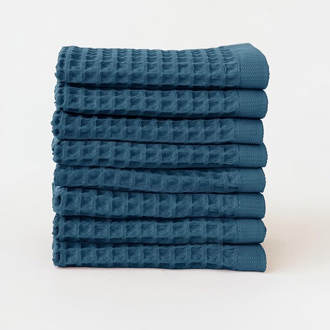 Waffle Washcloths Set of 8 Indigo Blue - Premium Quality 100% Turkish Cotton Face Washcloth, Soft Makeup Towel, Shower Cloth, Kitchen Towel (Indigo, Set of 8 Washcloths)