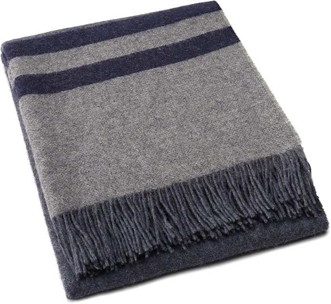 Superfine Alpaca Wool Throw Blanket - Lightweight Alpaca Merino Wool Throw Blankets | Soft Peruvian Alpaca Blanket Wool Blanket Striped Design 63" x 52" (Blue Jean/Soft Gray/Navy Blue)