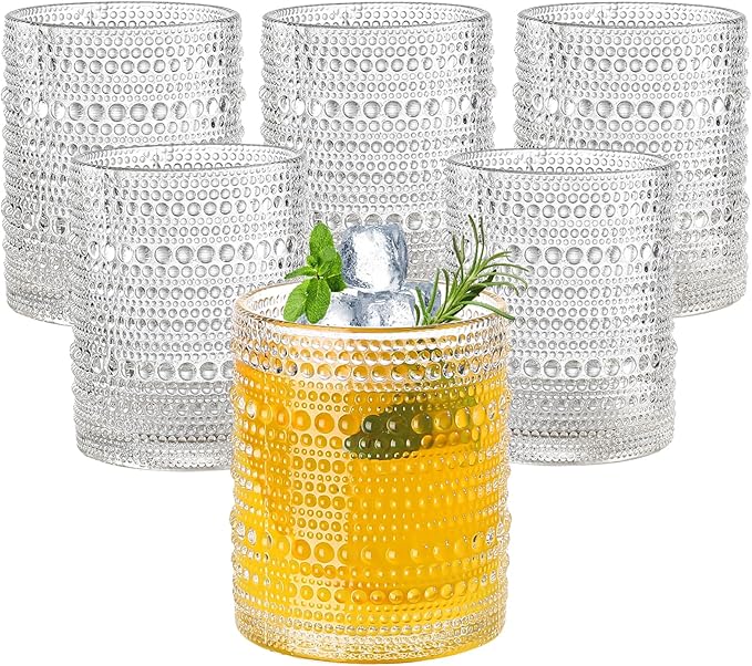 Amyoole 12oz Hobnail Drinking Glasses Set of 6,Clear Vintage Glassware Embossed Water Tumbler,Cocktail Glass Cups for Beer,Whiskey,Juice and Various Mixed Drinks