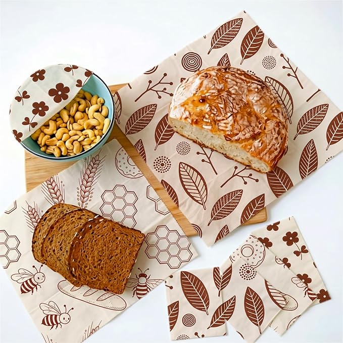 Reusable Beeswax Wraps, 9 Pack Eco-Friendly Food Storage, Organic Cotton Sandwich, Snack, Bowl Covers, Zero Waste, Plastic-Free, Sustainable, 1XL, 3M, 5S (Leaves, Flowers, Bees)