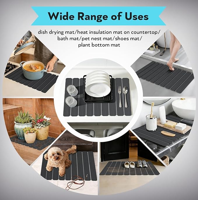 Stone Drying Mat for Kitchen Counter Countertop - Diatomaceous Earth Dish Drying Mat Foldable, Quick Dry Water Absorbent Stone Bath Mat for Bathroom, with Towel Non Slip Pad Sandpapers, 24"×16"