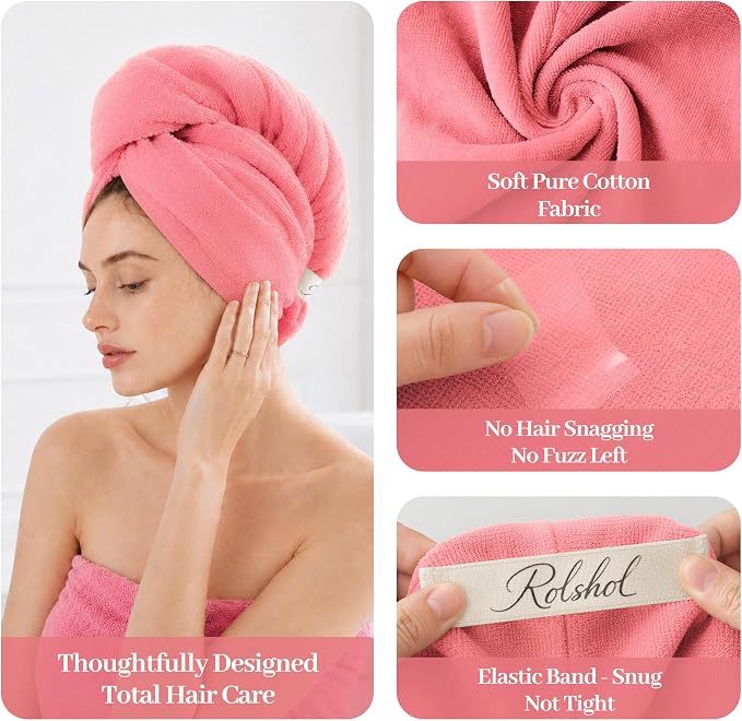 ROLSHOL Cotton Hair Towel Wrap for Women, 2 Pack 100% Cotton Hair Drying Towels for Long, Thick & Curly Hair, 32" x 11" Large Hair Turban for Wet Hair with Elastic Band (Pink)