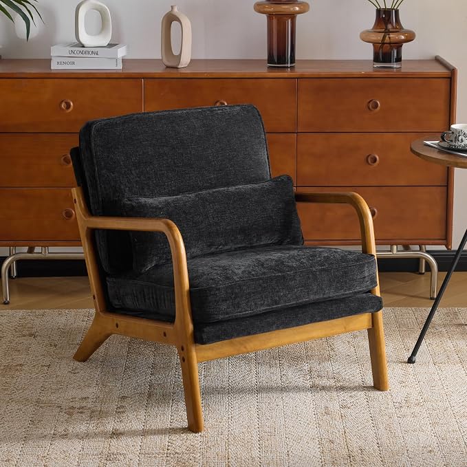 Karl home Mid-Century Modern Accent Reading Chair, Black | Chenille Upholstered, Solid Wood Frame, Soft Cushion, Lumbar Pillow, Lounge Armchair for Living Room, Bedroom, Balcony, Study