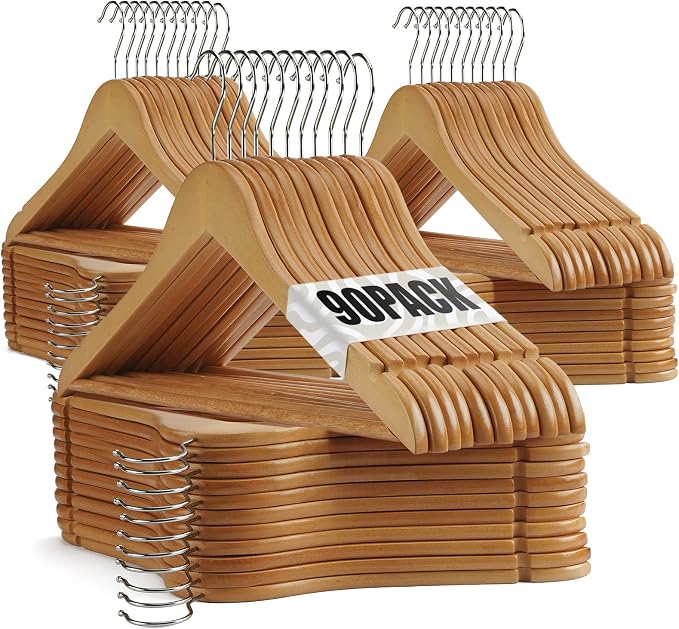 Wooden Hangers 90 Pack,Wooden Clothes Hanger for Daily Used,Heavy Duty Wood Hangers with Pant Bar & Precisely Cut Notches,Premium Hanger for Heavy Coats,Shirts,Suits,Dresses (Natural)