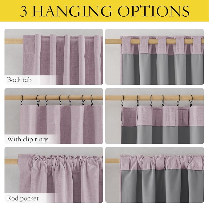 NICETOWN 100% Blackout Curtains for Living Room, 52" Wide Per Panel, Set of 2, Muted Lavender Thermal Insulated Curtains 84" Long, Linen Blend Noise Reducing Window Treatment Drapes for Hall Room