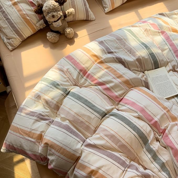 mixinni Vintage Striped Duvet Cover Set Queen, 3-Piece 100% Washed Cotton Bedding Set - Soft & Breathable Colorful Comforter Cover with Zipper, All-Season Lightweight Bed Set for Cozy Home