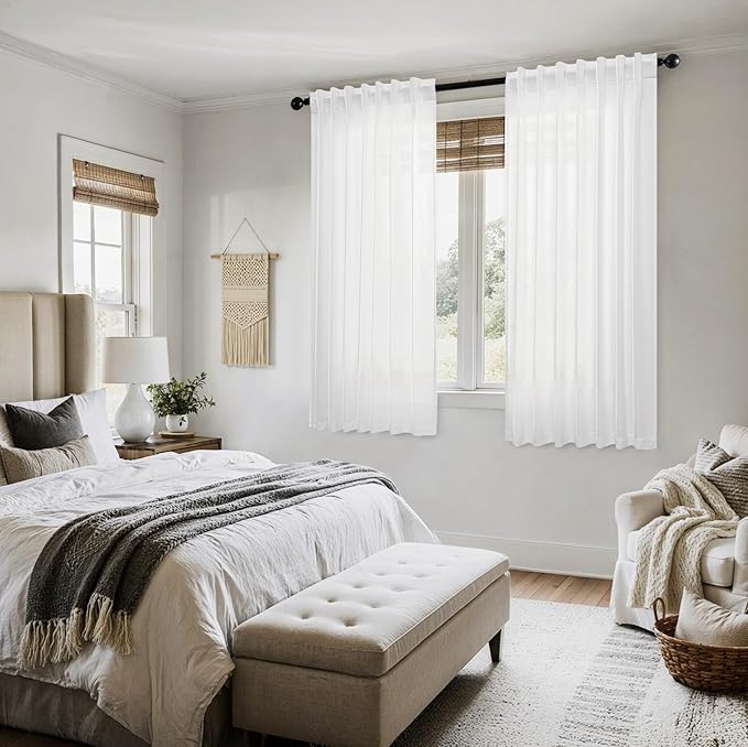 MIULEE White Linen Curtains Short 60 Inch Length 2 Panels for Kitchen Bedroom, Soft Thick Linen Textured Window Drapes Semi Sheer Light Filtering Back Tab Rod Pocket Burlap Look Decor