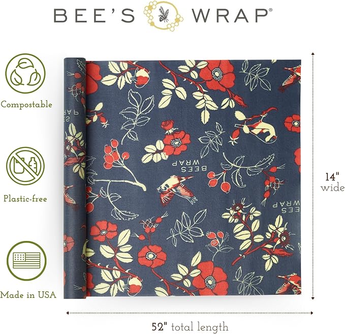Bee's Wrap Beeswax Wraps for Food - Cut to Size 14x52" Beeswax Wrap Roll - Plastic Free Made in USA Reusable Natural Food Wrap - Botanical