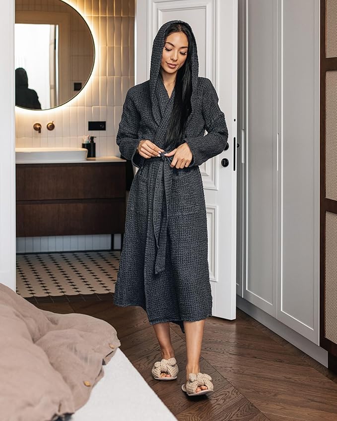 Magic Linen - Unisex Waffle Bathrobe, Hooded Linen-cotton Blend Bath Robe, Lightweight Robe for Women and Men