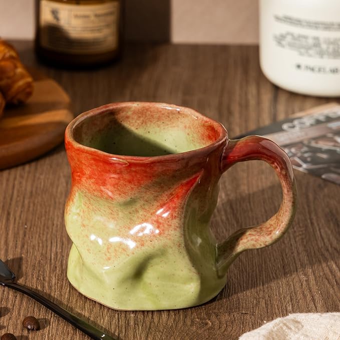Handmade Ceramic Coffee Mugs, Mugs with Spoon, 11oz, Handmade Pottery Mug with Handle, Hand-painting, Unique Uneven Surface Tea cups, Dishwasher and Microwave Safe (green)