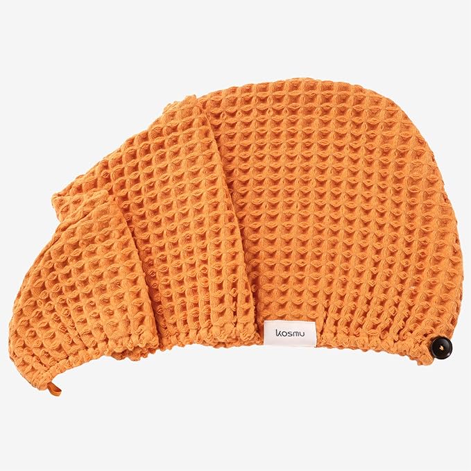 Luxury Organic Japanese Cotton Hair Drying Waffle Towel Wrap for Women | Absorbent, Quick-Dry Head Turban for Shower, Sauna, Spa | Extra Large for Long, Curly, Straight Hair With Button (Orange, 1 Pc)