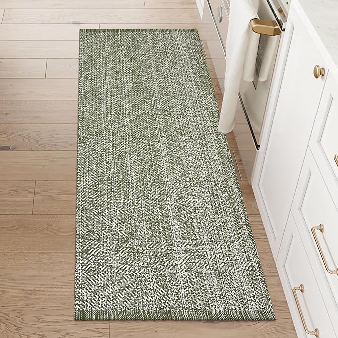 LEEVAN Washable Runner Rug 2'x6', Green Woven Hallway Rugs Reversible Bathroom Rug, Cotton Low Profile Entryway Doormat, Farmhouse Bedroom Rugs Modern Kitchen Runenr Long Carpet Foyer
