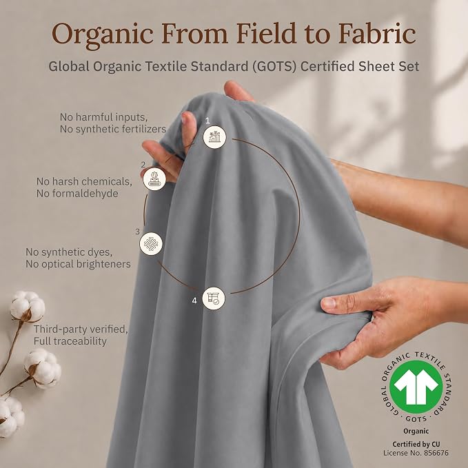 California Design Den Full Bed Sheets Set - 100% Organic Cotton Sheets Full, Soft and Lightweight Sateen, Deep Pockets, Durable Bedding - Grey