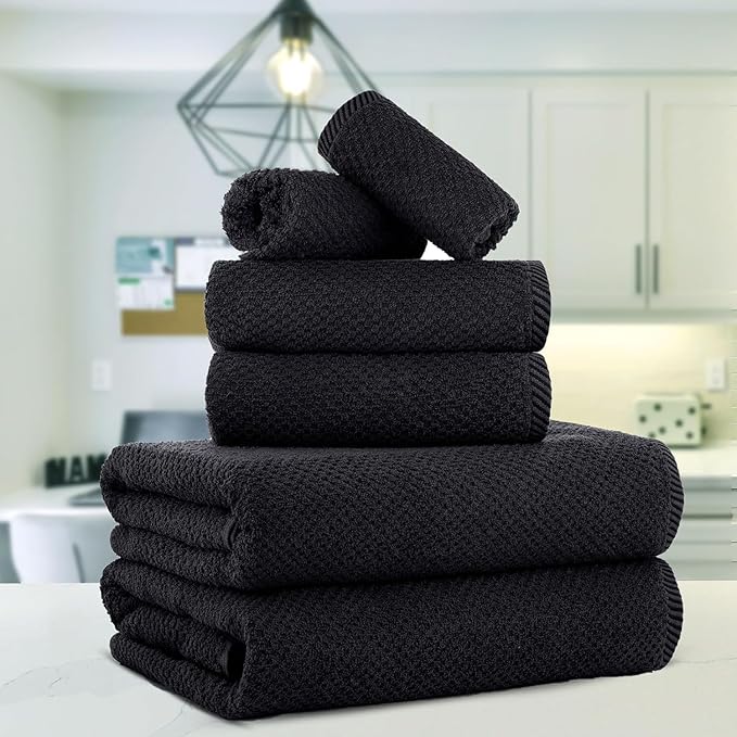 CASA COPENHAGEN Popcorn 6Pcs 100% Egyptian Cotton Large Designer Towels Gift Set- Jet Black, 600GSM, 2Bath 2Hand 2Washcloths, Bath Towels for Bathroom Set for Women & Men
