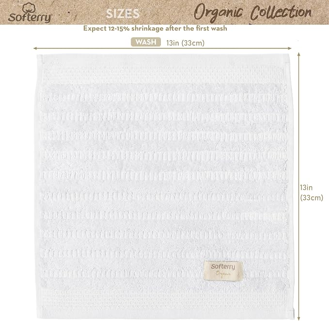 Softerry Pure Organic Cotton Washcloth Set - 100% Soft Cotton - Absorbent and Durable - 500 GSM Quick Dry - Luxury Hotel & Spa Quality - Fade Resistant - Eco Friendly