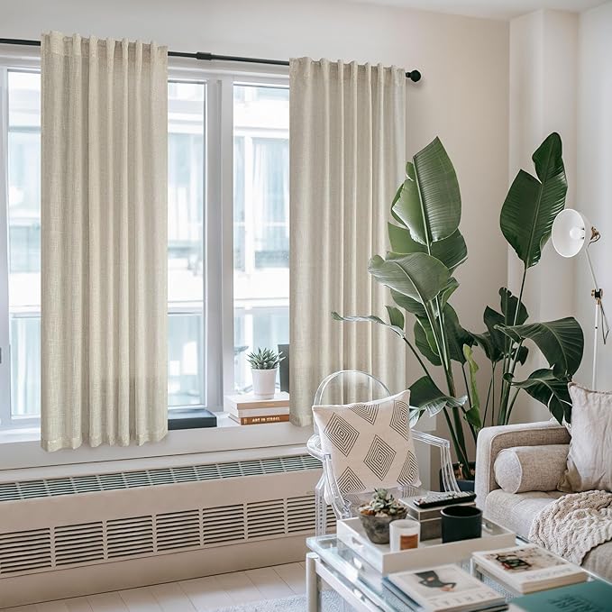 Flax Linen Curtains 38 Inch Wide for Bedroom 2 Panels Back Tab Rod Pocket Light Filter Semi Sheer Beige Curtains for Small Windows Narrow Mini Skinny Door Decor 38 Inch Width by 63 Inch Length