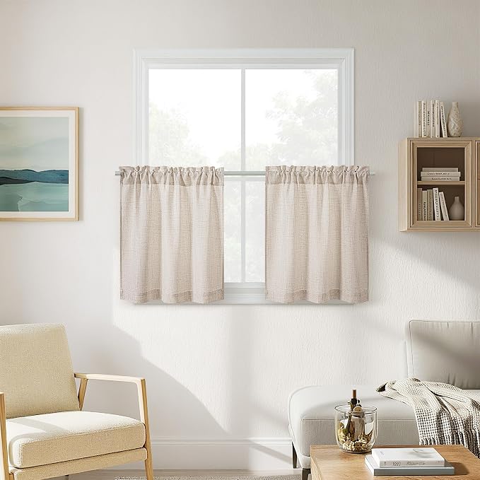 2 Panels 24 Inch RV Curtains for Camper Windows, Linen Light Coffee Beige Tan Privacy Short Curtains Semi Sheer Light Filtering Rod Pocket Small Window Drapes for Basement Bathroom W34xL24