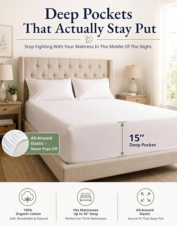 LANE LINEN Twin Fitted Sheets, 100% Organic Cotton 2-Piece Set (1 Fitted Sheet, 1 Pillowcase), Percale Weave, Bottom Sheet, Soft, Breathable, Fits Mattress Upto 15' Deep - White (No Flat Sheet)