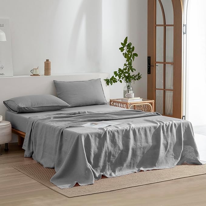EVERLY Linen Sheets Set Full Size,100% French Stonewash Pure Linen Bed Sheets,4Pieces (1Flat Sheet,1Fitted Sheet,2Pillowcase) Suitable for Hot Sleepers,Deep Pocket Natural Bedding Set-Light Grey