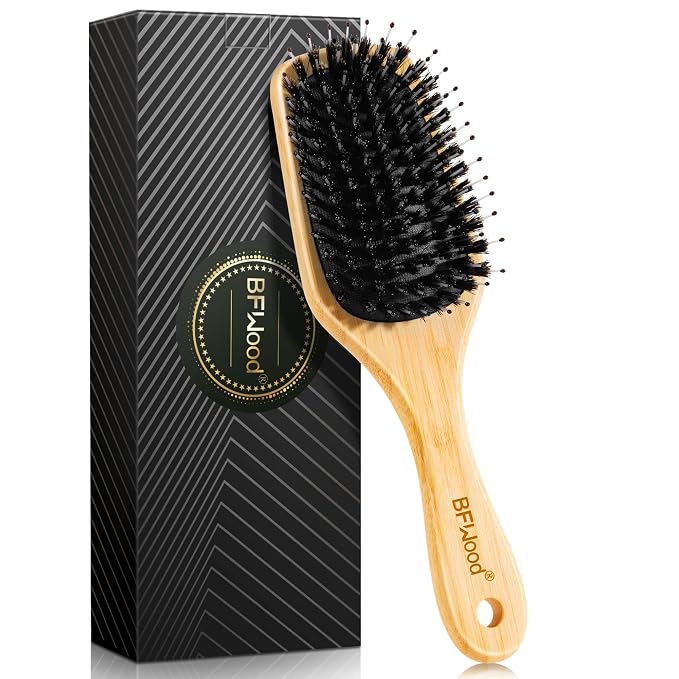 BFWood Boar Bristle Hair Brush - Natural Bamboo Hair Brush with Boar Bristle, Paddle Detangling HairBrush for Women Men Thick Curly Thin Long Short Wet Dry