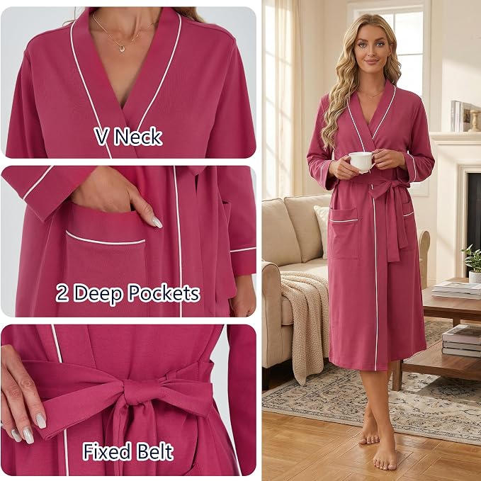 U2SKIIN Womens Organic Cotton Robe, Lightweight Long Kimono Bathrobe for Women, Soft Spa Lounge Sleepwear with Pockets