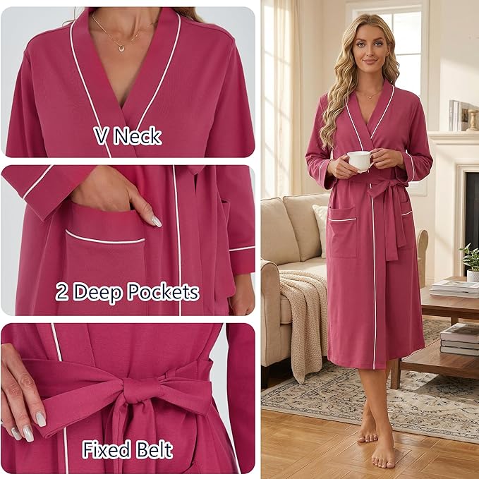 U2SKIIN Womens Organic Cotton Robe, Lightweight Long Kimono Bathrobe for Women, Soft Spa Lounge Sleepwear with Pockets