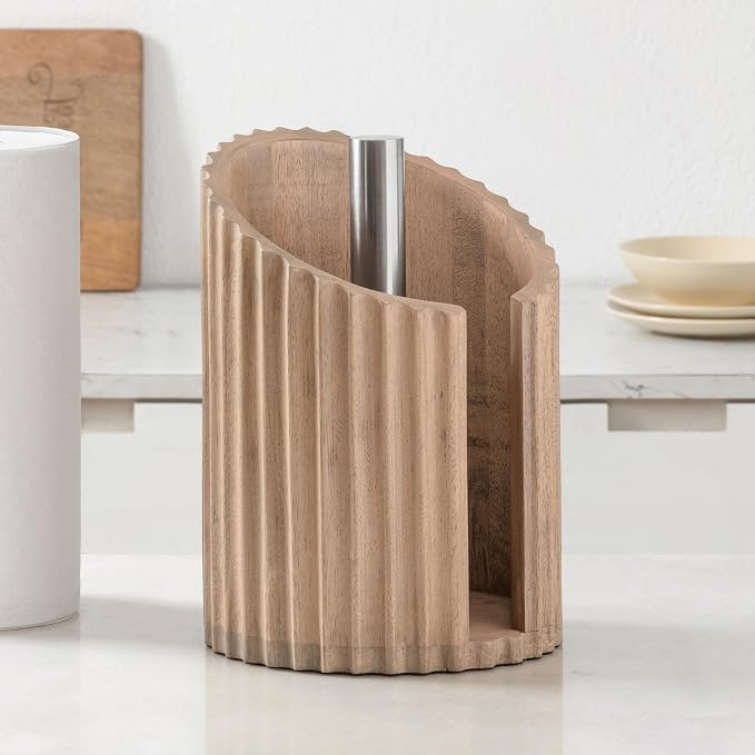 Anji Mountain Wooden Paper Towel Holder with Iron Holder, Holder Stand for Kitchen Roll Organizer & Kitchen Dining Table Home Décor, Countertop Fits Jumbo & Mega Rolls - Biscotti/Nickel, Fluted
