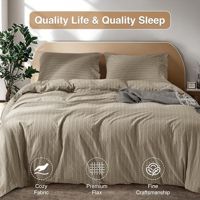 SONORO KATE 100% French Linen Duvet Cover Queen Size, Soft Breathable for Hot Sleepers, Moisture Wicking & Durable Cover Set - Zipper Closure & 4 Corner Ties Duvet Covers 3 PC (Linen & White Stripes)