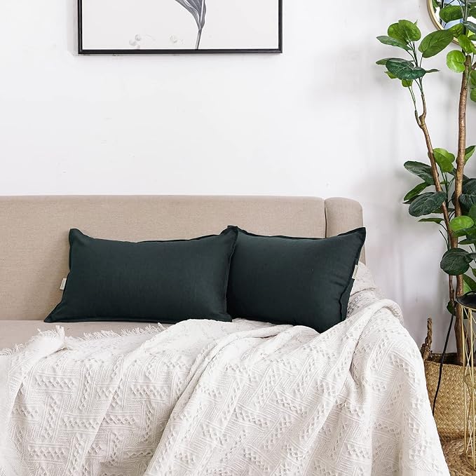 Jeanerlor Natural Cotton Linen Green Decorative 12"x20" Throw Pillow Case Cushion Cover with Twin Needles Stitch on Edge for Lumbar, (30 x 50cm), 2 Pcs, Dark Green