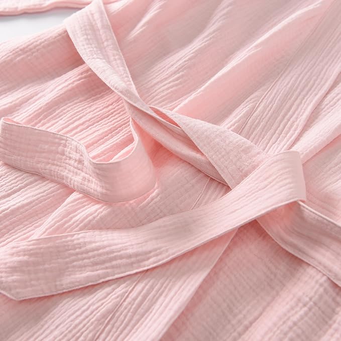 Women's Organic Cotton Bathrobe Long Sleeve Nightgowns Lightweight Waist-Tie Bath Robe for Home Spa Muslin Cotton Beach Wear