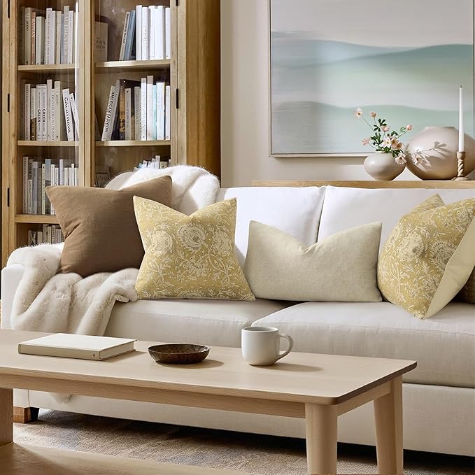 Vintage Floral Print Throw Pillow Covers 22x22 Set of 2 Neutral Modern Farmhouse Pillowcases Accent Decorative Cushion Covers Boho Home Decor for Couch Sofa Chair Bed Living Room, Yellow