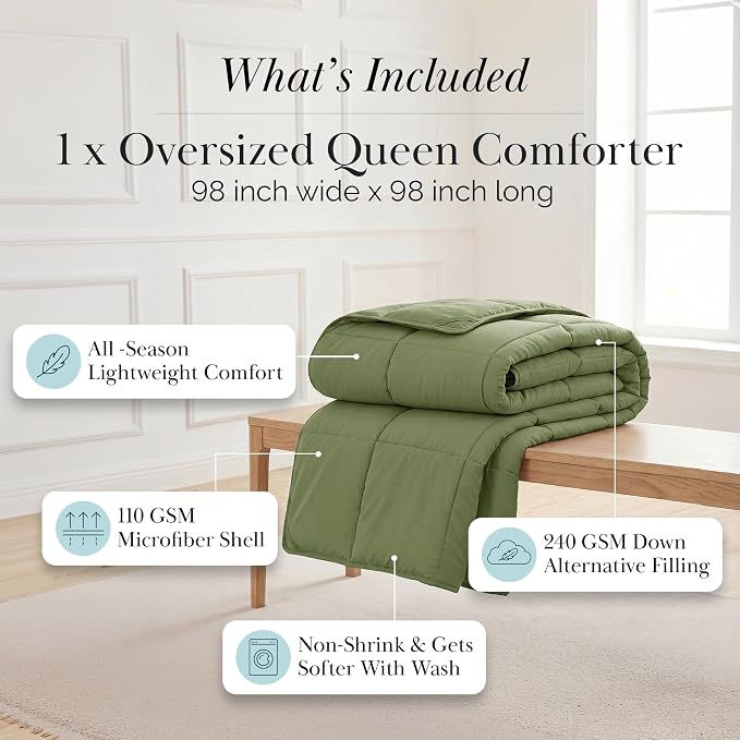 Southshore Fine Living, Inc. Comforter Queen Size, Full Bedding Comforters, Down-Alternative Sage Green Comforter Queen Size, Soft Fluffy Oversized Bedding, Machine Washable, Sage Green Comforters