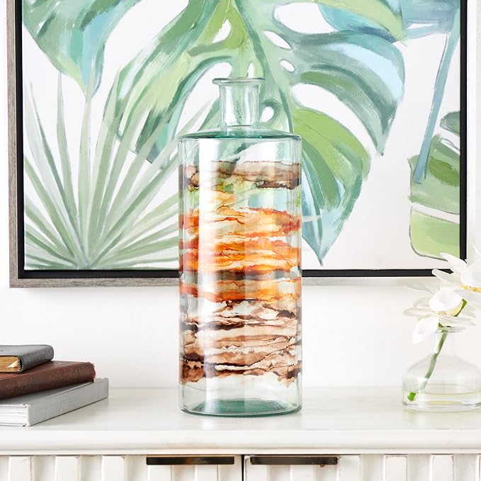 Deco 79 Recycled Glass Decorative Vase Abstract Spanish Bottle Centerpiece Vase with Swirled Colored Glass Bands, Flower Vase for Home Decoration 6" x 6" x 16", Clear