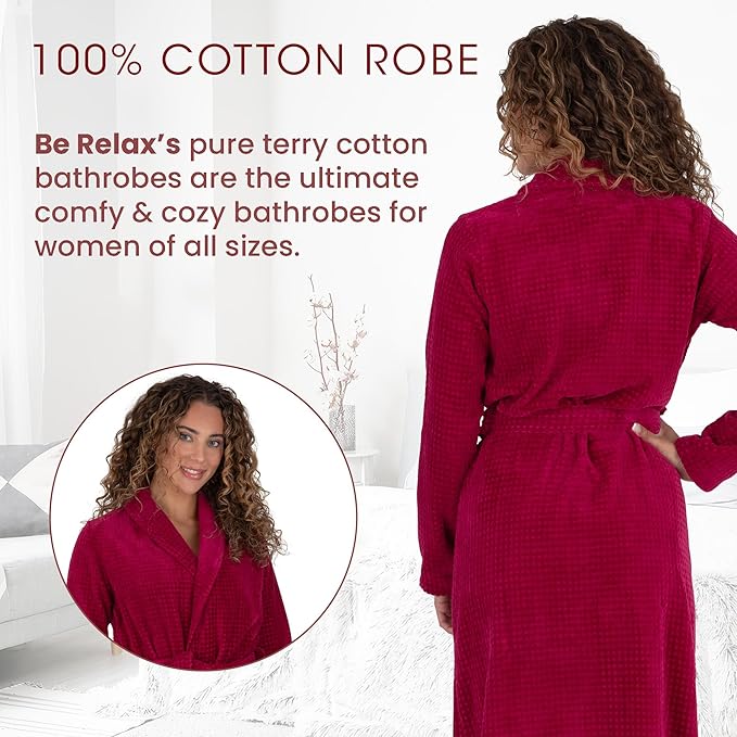 Be Relax Bathrobe for Women - Full Length Terry Cotton Robe with Shawl Collar and Hood, Warm and Cozy Robe with Belt & Pocket