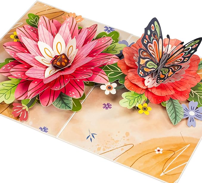 Frndly by Paper Love 3D Bloom and Butterfly Pop Up Card, Gift for Birthday, Wedding, Anniversary, Thank You, Get Well, Valentine’s Day, Mother’s Day & All Occasions, 100% Recycled & Eco-Friendly, 8" x 6" Cover, Includes Envelope and Note Tag