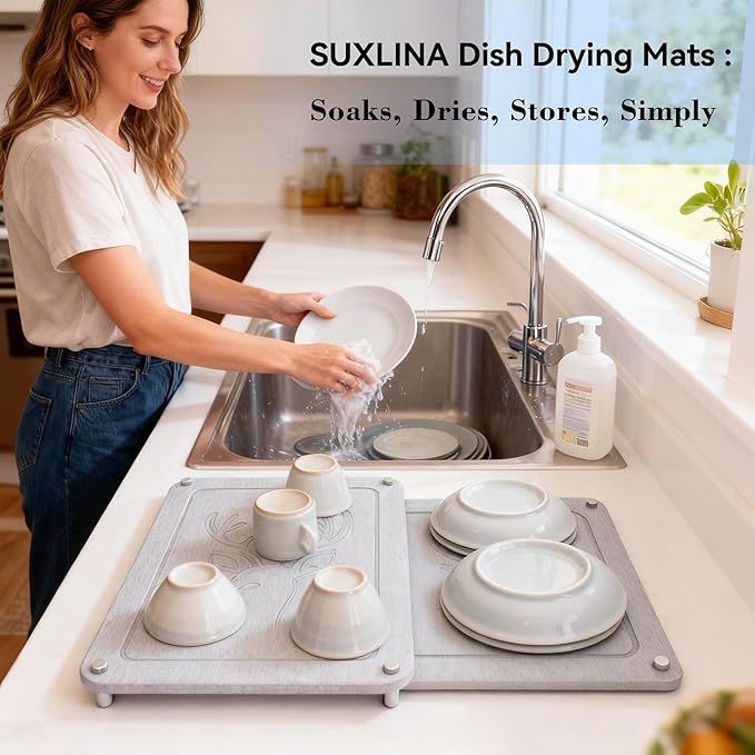 2Pcs Nesting Stone Dish Drying Mat - Diatomaceous Earth Fast Dry Kitchen Counter Mat, Non-Slip Heat-Resistant Drying Stone For Kitchen/Bathroom/Outdoor/Pet Bowls - Light Gray