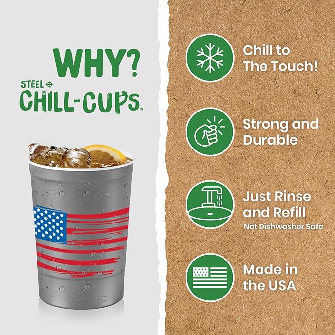 Steel Chill Cups 16 oz. Party Cup America the Beautiful Design for Cold Drinks, Durable, Disposable, Recyclable, Made in USA, Gray, 12 Count