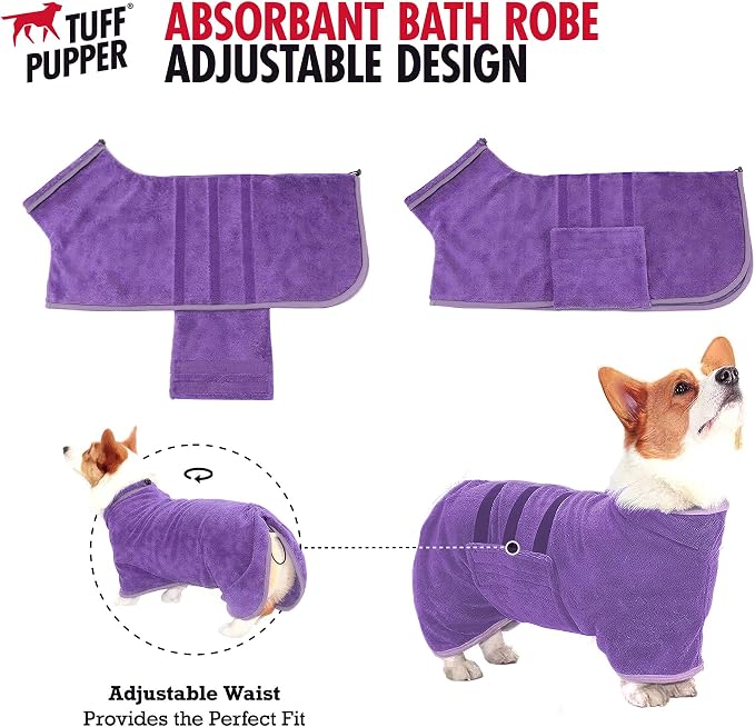 Tuff Pupper Fast Drying Dog Bath Robe | 800 GSM Plush Dog Towel Bathrobe/Dressing Gown | Super Absorbent Pet/Puppy Bathrobe | Adjustable Hood & Belly Strap | Super Soft | Fast Drying (XXL, Purple)