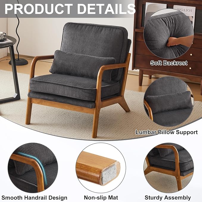 Karl home Mid-Century Modern Accent Reading Chair, Dark Grey | Corduroy Upholstered, Solid Wood Frame, Soft Cushion, Lumbar Pillow, Lounge Armchair for Living Room, Bedroom, Balcony, Study