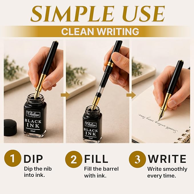 Château Avant Fountain Pen Set | Refillable Black Fountain Pen with Black Ink Bottle, Fine Nib, and Converter | Smooth Writing Gift Set for Beginners, Men, and Women