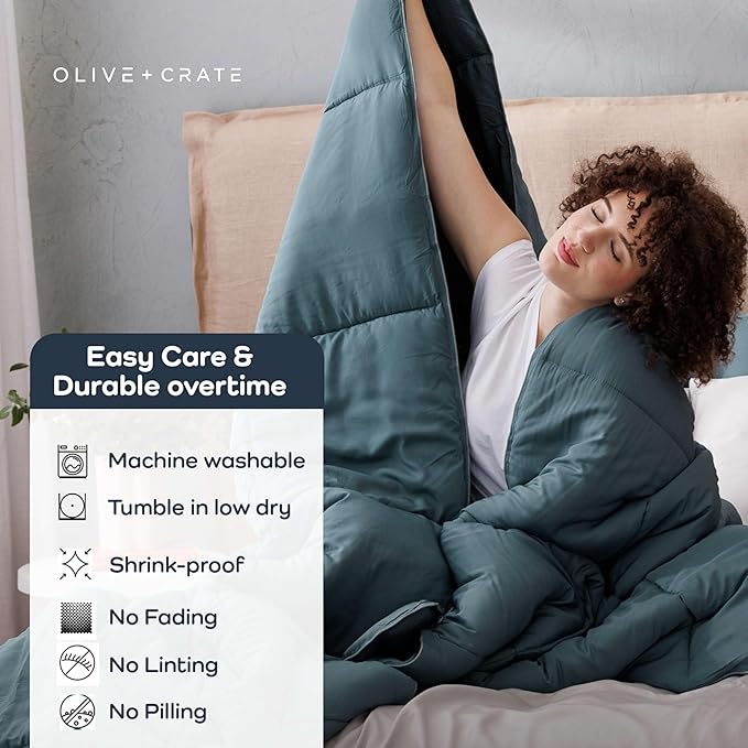 Olive + Crate Cooling Down Alternative Comforter - Hypoallergenic Queen Size Duvet Insert Lightweight - All Seasons Plush Design Bamboo Comforter - 100% Bamboo Viscose Outer Cover, Basalt Blue 88"x90"