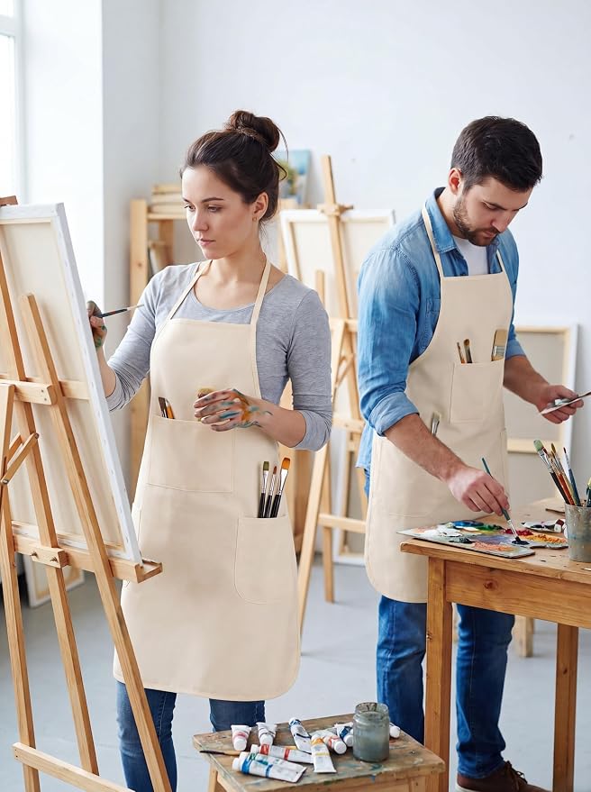 Painting Apron for Adults, Art Aprons with 3 Pockets Cotton Canvas Bib for Apron Painting Pottery Baking, Natural