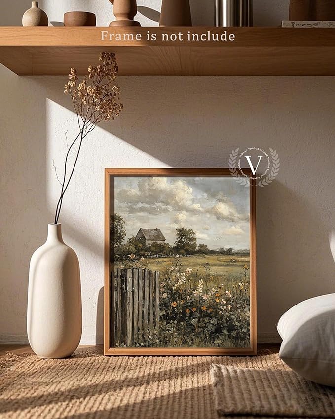 Vodefoad Vintage Farmhouse Wall Art,Cottagecore Landscape Wall Art, Rural Wildflower and Meadow Painting, Moody French Countryside Canvas Print for Gallery Home Bedroom Farmhouse Bedroom, or Moody Wall Art Lovers - 8x10Inch Unframe