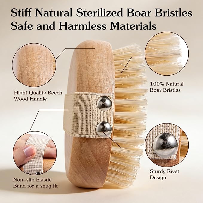Round Dry Brushing Body Brush with Natural Boar Bristles for Cellulite Remover, Helps Lymphatic Drainage, Improve Circulation Exfoliation for Soft Skin, Body Scrub Deep Cleanse