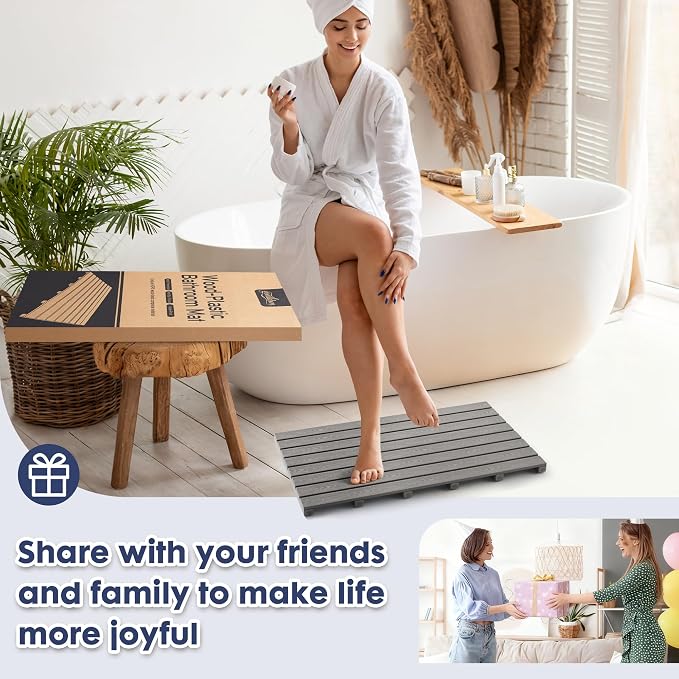 Bamboo-Design Bath Mat, Heavy Duty HDPS Plastic, 31.5"x18", 400lb Support, 100% Waterproof & Fadeproof, Superior to Real Bamboo for Bathroom Shower Spa Sauna Poolside Outdoor (Gray Color)